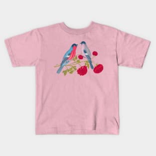 Two Bullfinch Birds and Red Flowers Wildlife Illustration Kids T-Shirt